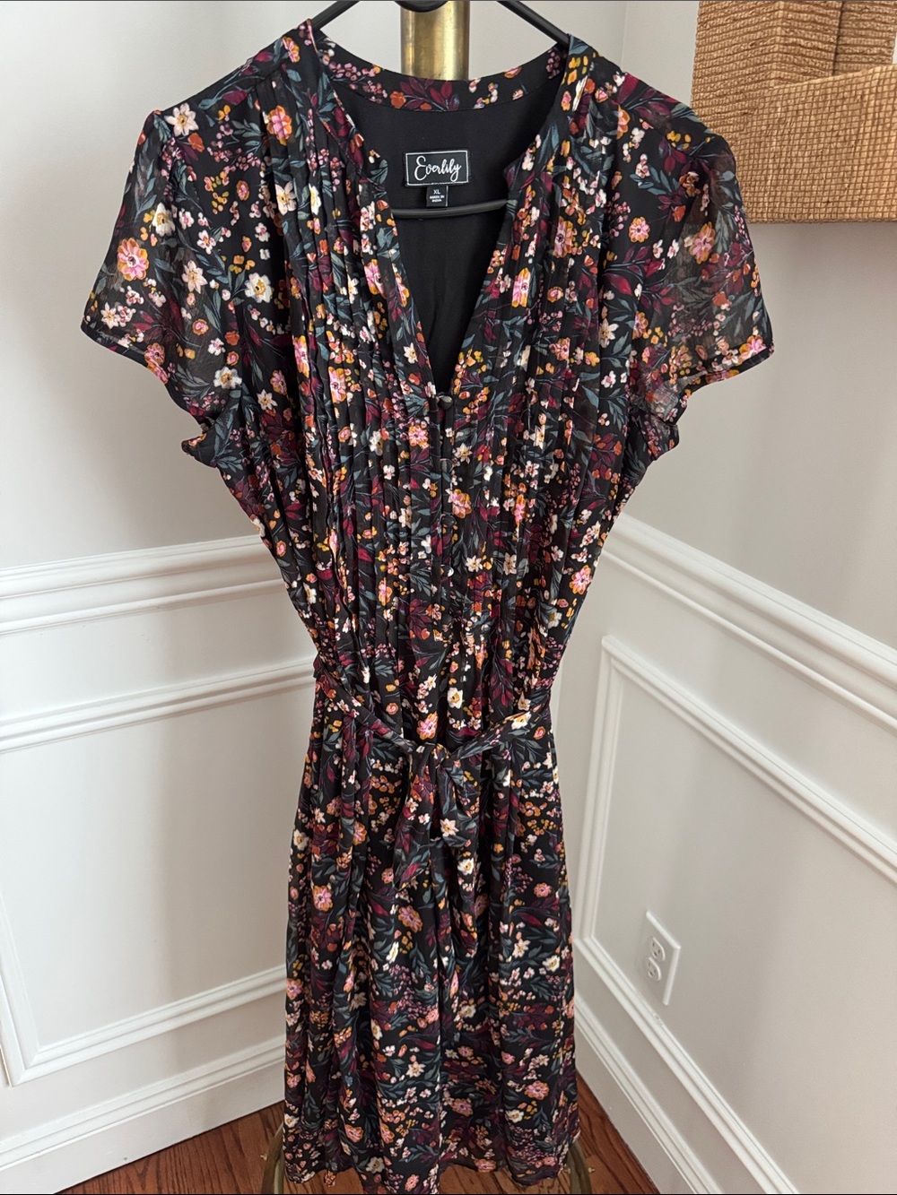 Everlily Black Floral V-Neck Midi Dress with Pink & Cream Accents